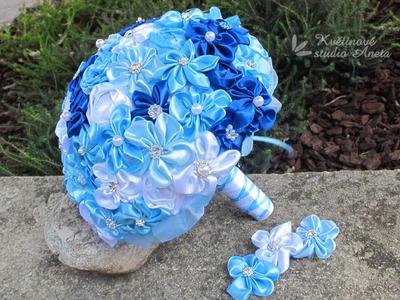 Saténové svatební kytice s korsáží modrá - Obrázok č. 1