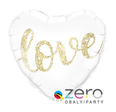 Balónek nafukovací fóliový pr. 46 cm "srdce" - bílý se zlatým tiskem Love - Obrázok č. 1