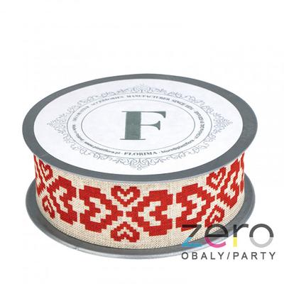 Stuha tkaná 3,5 cm x 10 m - přírodní s tiskem srdcí - Obrázok č. 1