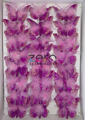 Klips s motýlem 5 cm (24 ks) - fialový s peřím - Obrázok č. 1