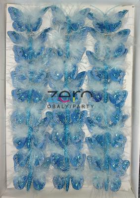 Klips s motýlem 5 cm (24 ks) - modý s peřím - Obrázok č. 1