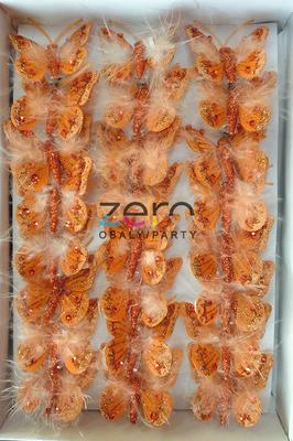 Klips s motýlem 5 cm (24 ks) - oranžový s peřím - Obrázok č. 1